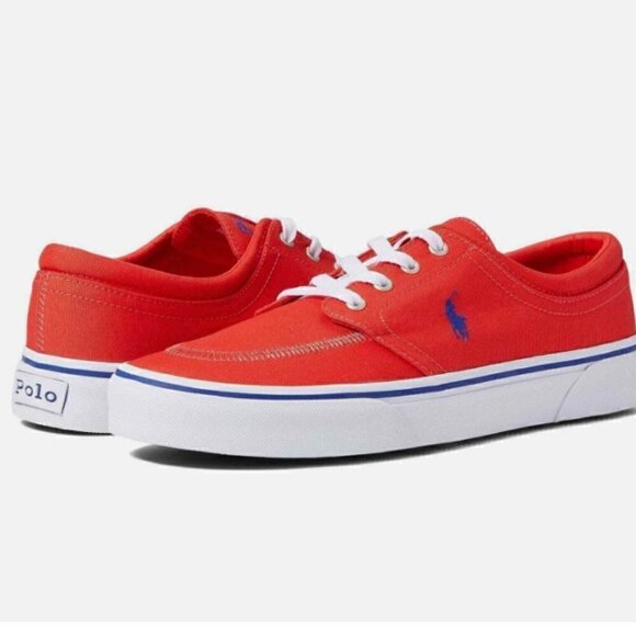 Polo Ralph Lauren Bright Red Keaton Canvas Lace Up Canvas Sneaker Men's Size 10 - Picture 1 of 8
